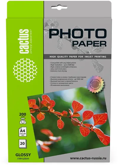 Фотобумага CACTUS CS-GA420020, A4, 200г/м², 20л., глянцевая