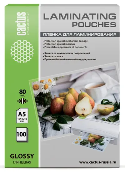 Пленка для ламинирования Cactus CS-LPGA580100, A5, 80мкм, глянцевая