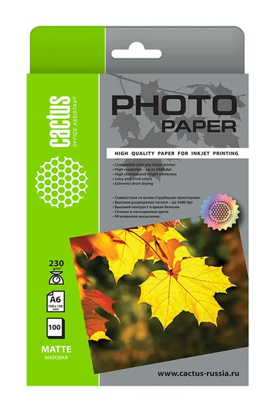 Фотобумага Cactus CS-MA6230100, 10×15 см, 230 г/м², матовая, 100 л.
