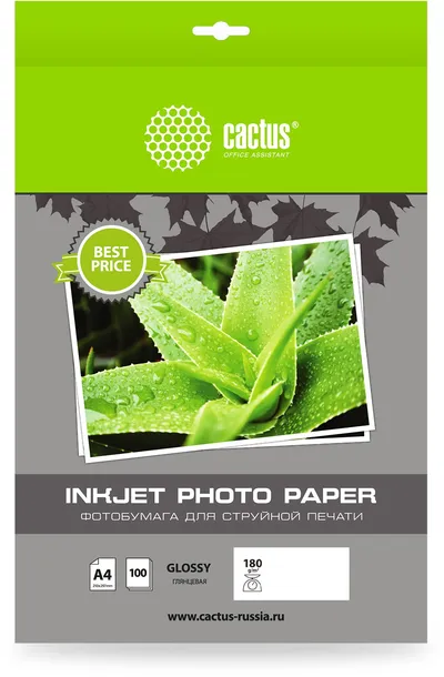 Фотобумага Cactus CS-GA4180100ED, A4, 180г/м², глянцевая, 100л.