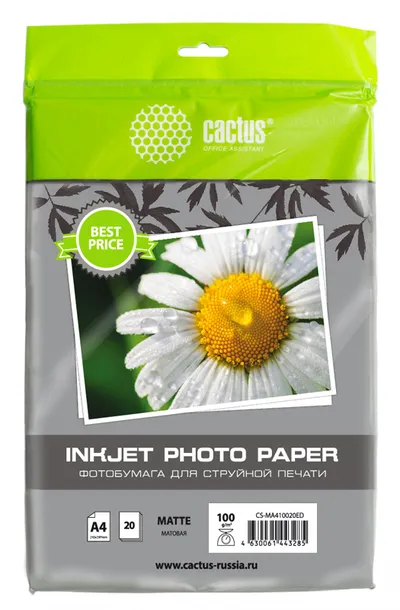 Фотобумага Cactus CS-MA410020ED, A4, 100г/м², 20л, матовая