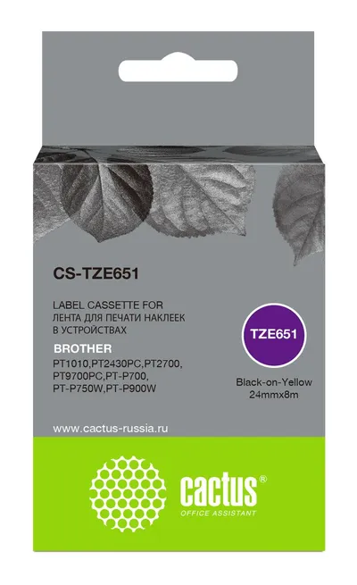 Картридж ленточный Cactus CS-TZE651 черный шрифт, желтый фон (24 мм, 8 м) для Brother 1010/1280/1280VP/2700VP