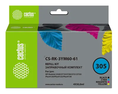 Заправочный набор струйный Cactus CS-RK-3YM60-61, 30мл, голубой/пурпурный/желтый/черный для DeskJet 2710/2120/2721/2722 совместимый
